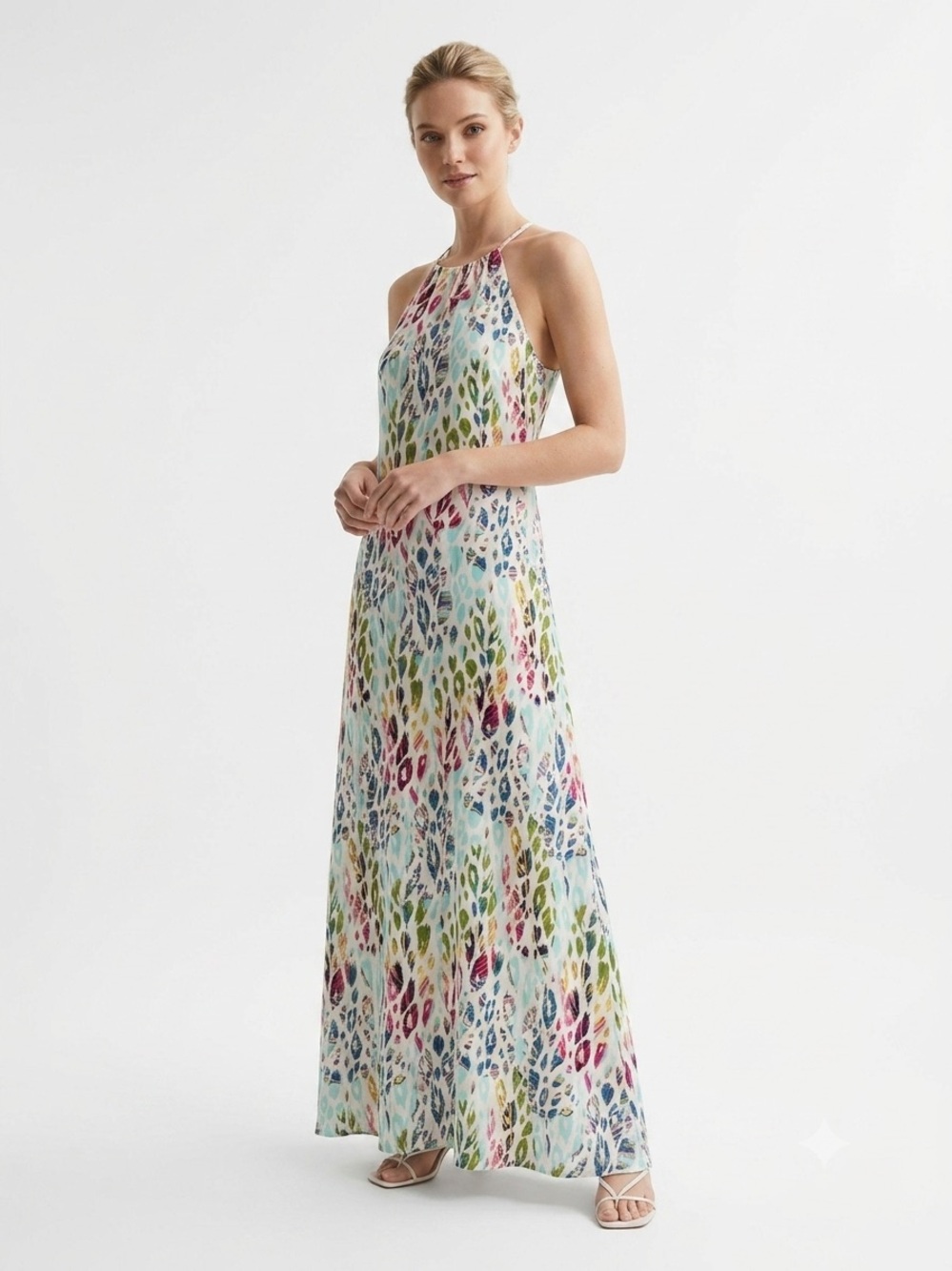 Caramela, Multicolor Halter Leaf-Print Maxi Dress - M